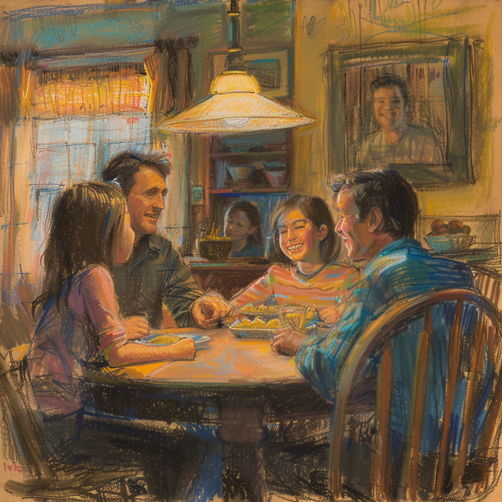 pastel painting of family at a table.