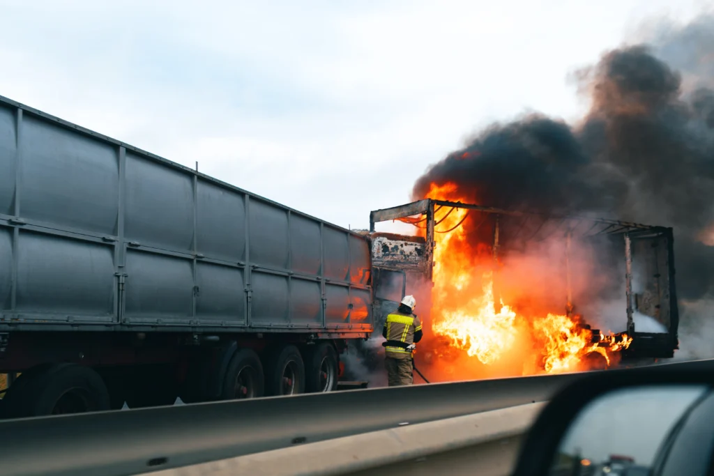 Firefighter in protective gear extinguishing a large fire on the back of a trailer after a truck accident, with thick black smoke rising into the sky.