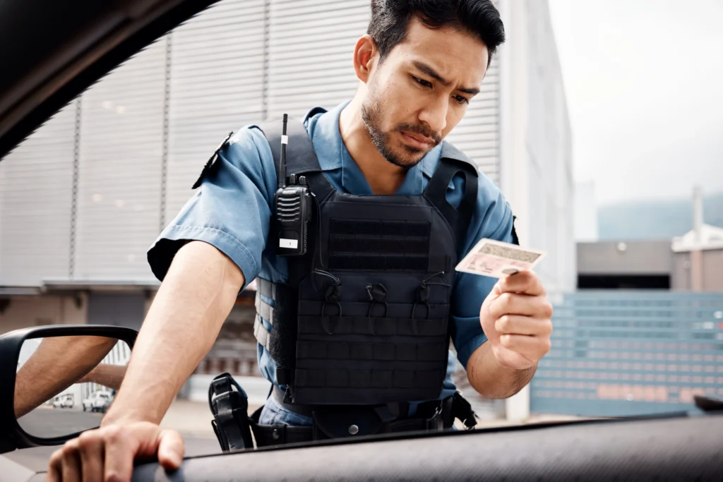Police officer examining driver’s license through car window during a traffic stop in an urban area.