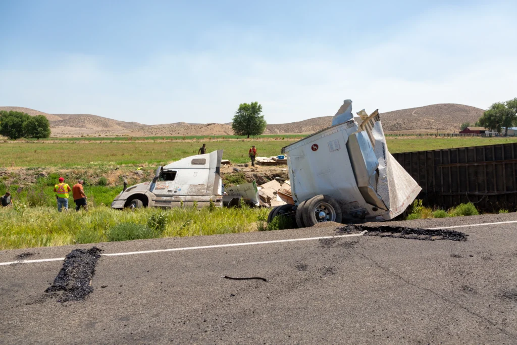 A crashed truck on its side near a road in a rural area, with workers in neon vests standing by, suggesting a recent truck accident.
