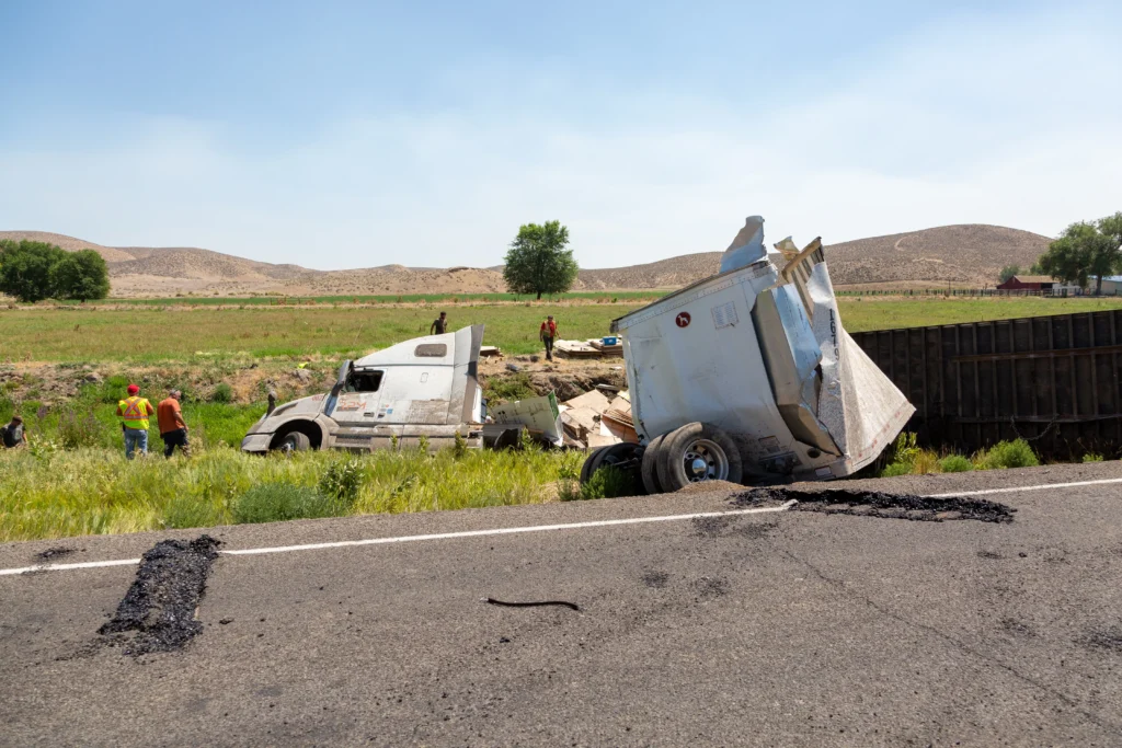 Overturned semi-truck on rural road with workers in safety vests inspecting the scene, illustrating a serious truck accident and Nevada wrongful death claim aftermath.
